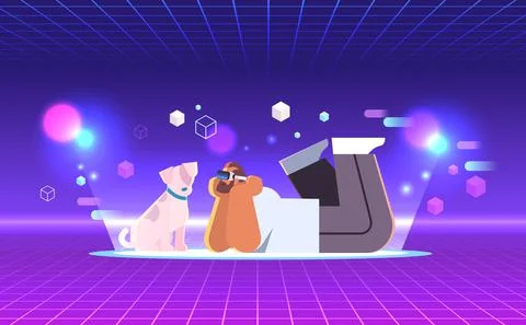 Man in digital glasseslying with virtual dog vr vision headset innovation Stock Illustration