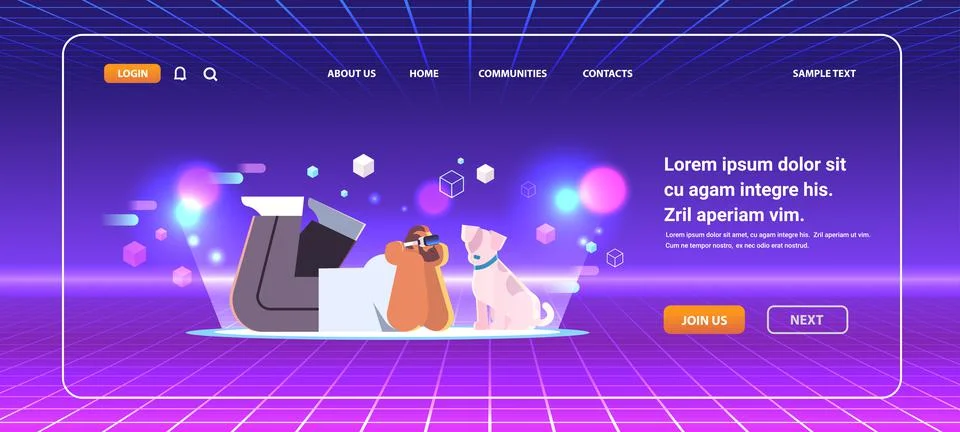Man in digital glasseslying with virtual dog vr vision headset innovation 스톡 일러스트