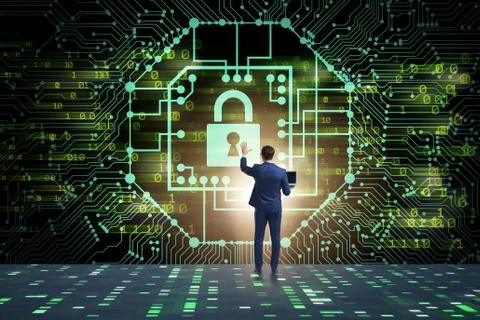 Man in digital security concept pressing button 스톡 사진