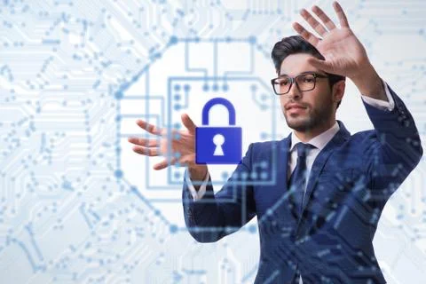 Man in digital security concept pressing button Foto stock