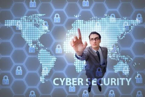 Man in digital security concept pressing button Stockfoto's