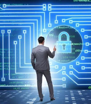 Man in digital security concept pressing button Foto stock