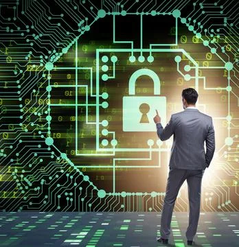 Man in digital security concept pressing button Foto stock
