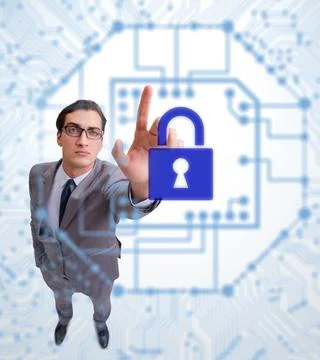 Man in digital security concept pressing button Stock Photos