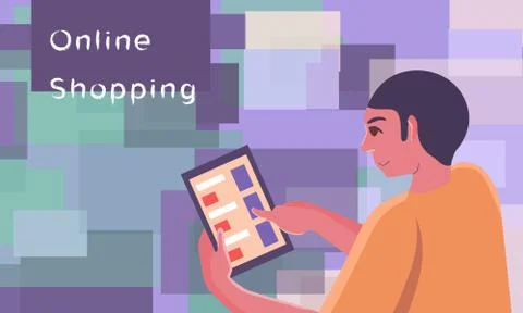 Man with digital tablet on mosaic backdrop for online shop logo. Stock Illustration
