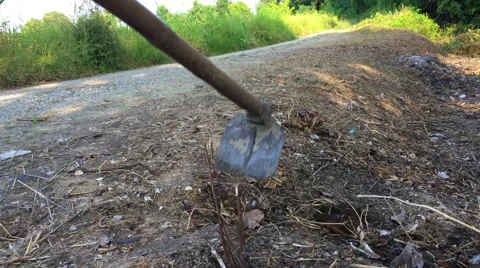 Man digs ground using pickax Vídeo Stock 68990082