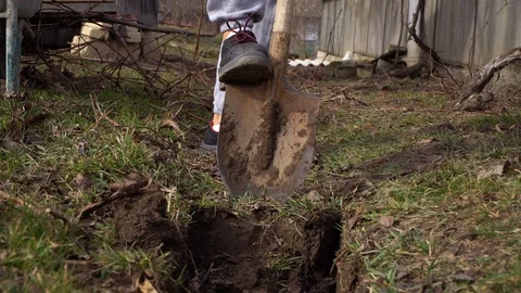 A man digs a trench, a man digs the ground with a shovel Stock Footage 125809558