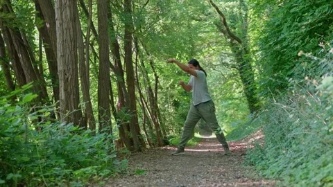 A man diligently practices various martial arts techniques while walking along a Stock Footage 311448508