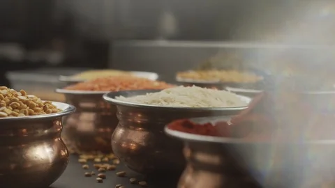 Man dips spoonful of bowl of rice. Slow motion video Stock Footage 124724291