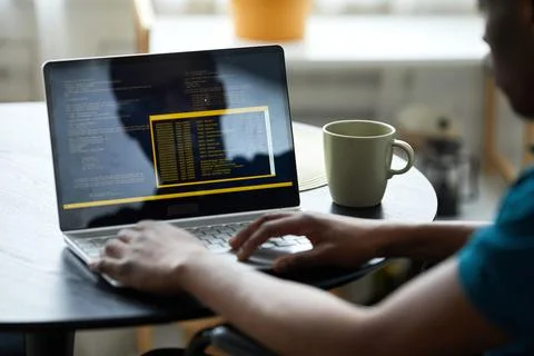 Man with Disability Programming Software Code Closeup Foto stock