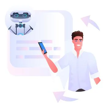 Man discussing with robot chatbot assistant in mobile messenger app artificial Stock Illustration