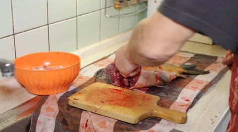 Man disemboweling a carp fish in the kitchen 库存影片 64526174