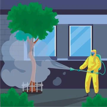 Man with disinfectant spray machine, sensitization process Stock Illustration