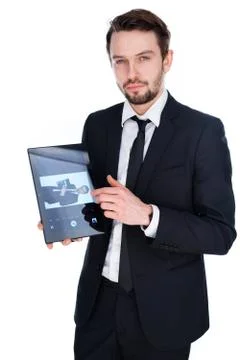 Man displaying a handheld tablet computer Stock Photos