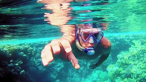 Man dive underwater in snorkeling diving mask Stock Footage 80698376