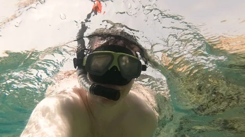 Man diving in coral reef .School of fish. Underwater scene. Stockbeeldmateriaal 88657430