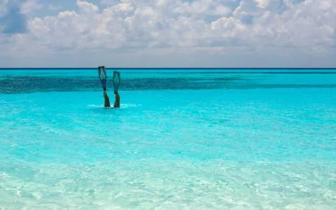 A man is diving in a flipper 스톡 사진