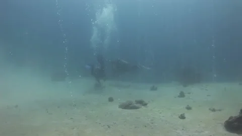 Man in diving gear exploring underwater world near sea bed. Stock Footage 235602800