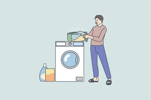 Man do laundry use washing machine at home Stock Illustration