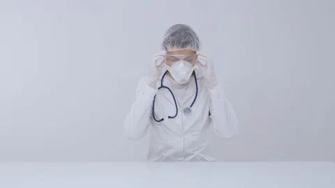 Man doctor after work removes gloves glasses and mask 動画素材 129851753