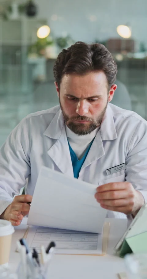 Man, doctor and writing on document in hospital for prescription, medical record Stock Footage 320627733