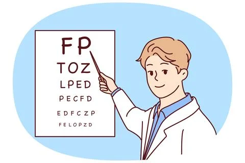 Man doctor holds out pointer to poster with letters for checking eyesight of Stock Illustration