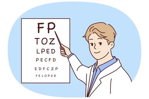 Man doctor holds out pointer to poster with letters for checking eyesight of Stock Illustration