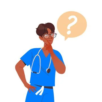 Man Doctor or Practitioner in Blue Uniform with Stethoscope Thinking Engaged in Stock Illustration