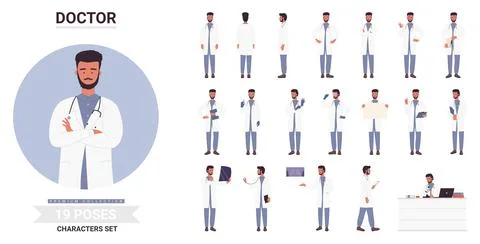 Man doctor poses set, bearded medical worker with stethoscope posing, working in Stock Illustration