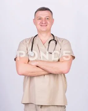 Man doctor with stethoscope physician uniform. Medicine and health care Stock Photos