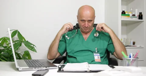 Man Doctor Take Stethoscope Preparing Presentation Looking Camera Smiling Relax 스톡 동영상 50960148