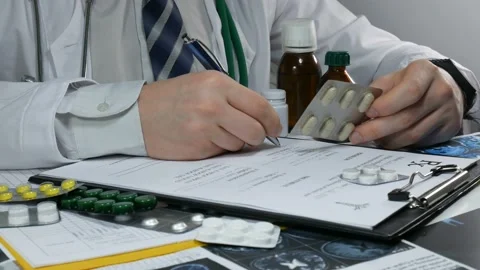 Man doctor writes out tablets Video stock 89403459