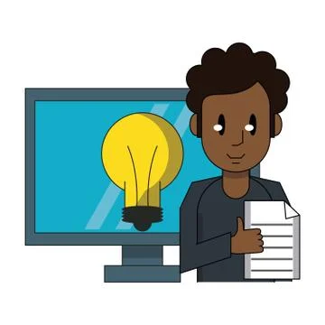 Man with document and idea on computer Illustrazione stock