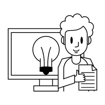 Man with document and idea on computer Illustrazione stock