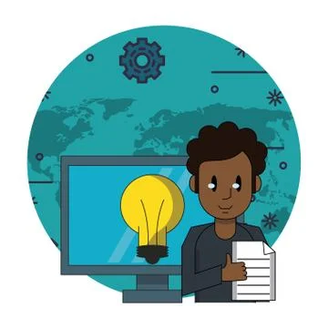 Man with document and idea on computer 스톡 일러스트