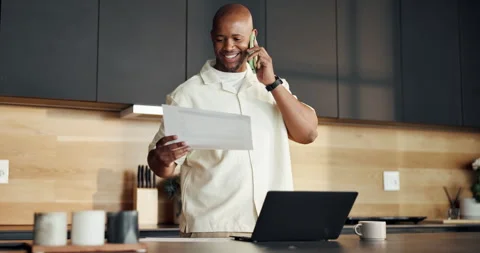 Man, document and remote work in house with phone call, laptop and financial Stock Footage 336845219