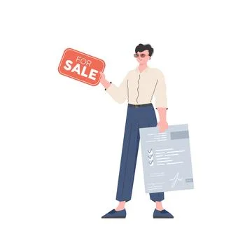 A man with a document and a tablet in his hands for sale. Real estate sale .. Stockillustratie
