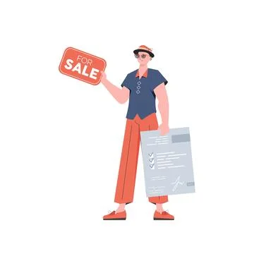 A man with a document and a tablet in his hands for sale. Selling a house o.. Stockillustratie