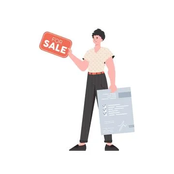 A man with a document and a tablet in his hands for sale. The concept of se.. Stockillustratie