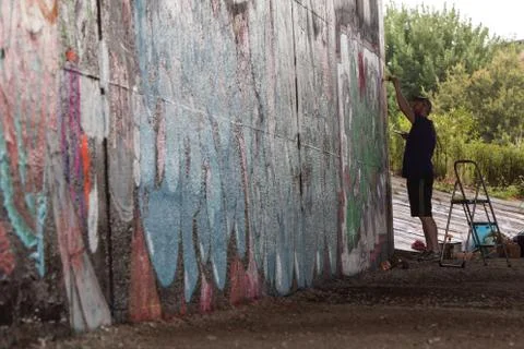 Man Does Community Service Touching Up Atlanta Bridge Overpass Artwork Stock Photos