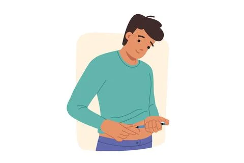 Man does diabetes insulin test by sticking syringe into stomach to prevent sugar Stock Illustration