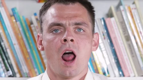 Man does exercise tongue up, down improving pronunciation words before meeting Video stock 135055509