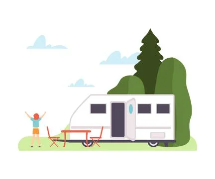 Man does exercises near the trailer. Vector illustration. Illustrazione stock