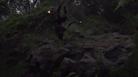 Man Does Fire Gainer Flip off of Rock Stock Footage 82352789