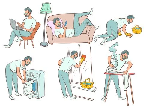 The man does household chores. working on a laptop. resting on the sofa. washes Stock Illustration