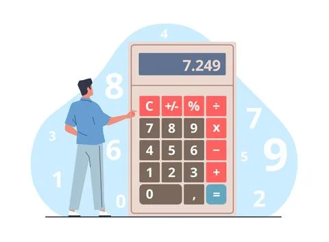 Man does math with big calculator. Mathematical calculating. Numbers counting Illustrazione stock