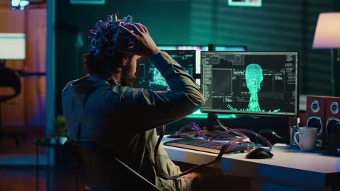 Man does SF online consciousness upload, trying to transcend out of simulation Stock Footage 266954194