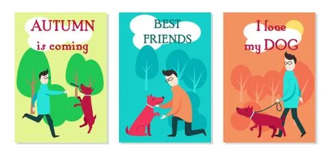 Man with dog cards vector flat illustration Stock Illustration