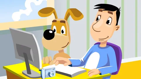 Man with dog edit photos using graphic editor Stock Footage 47631076