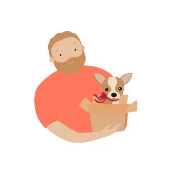 Man with the dog in gift box. Vector illustration Stock Illustration
